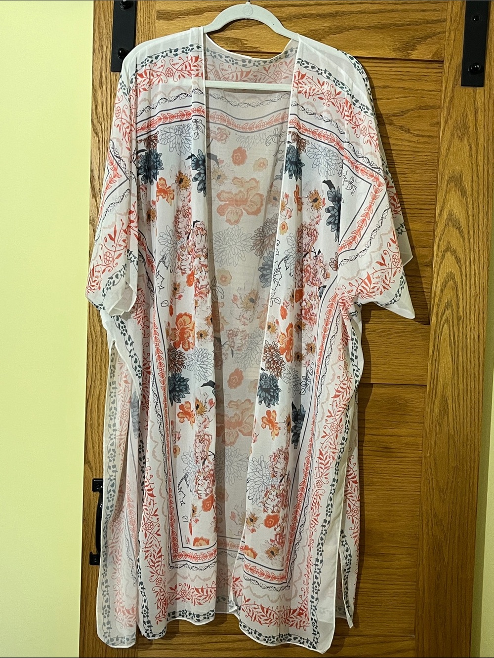 Sheer Floral Kimono Tunic - White with Coral & Gray